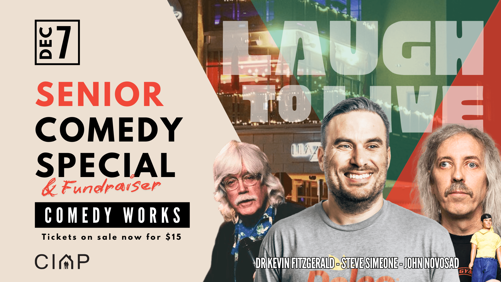 Laugh to Live senior comedy special and fundraiser banner featuring Dr Kevin Fitzgerald, Steve Simeone, and John Novosad