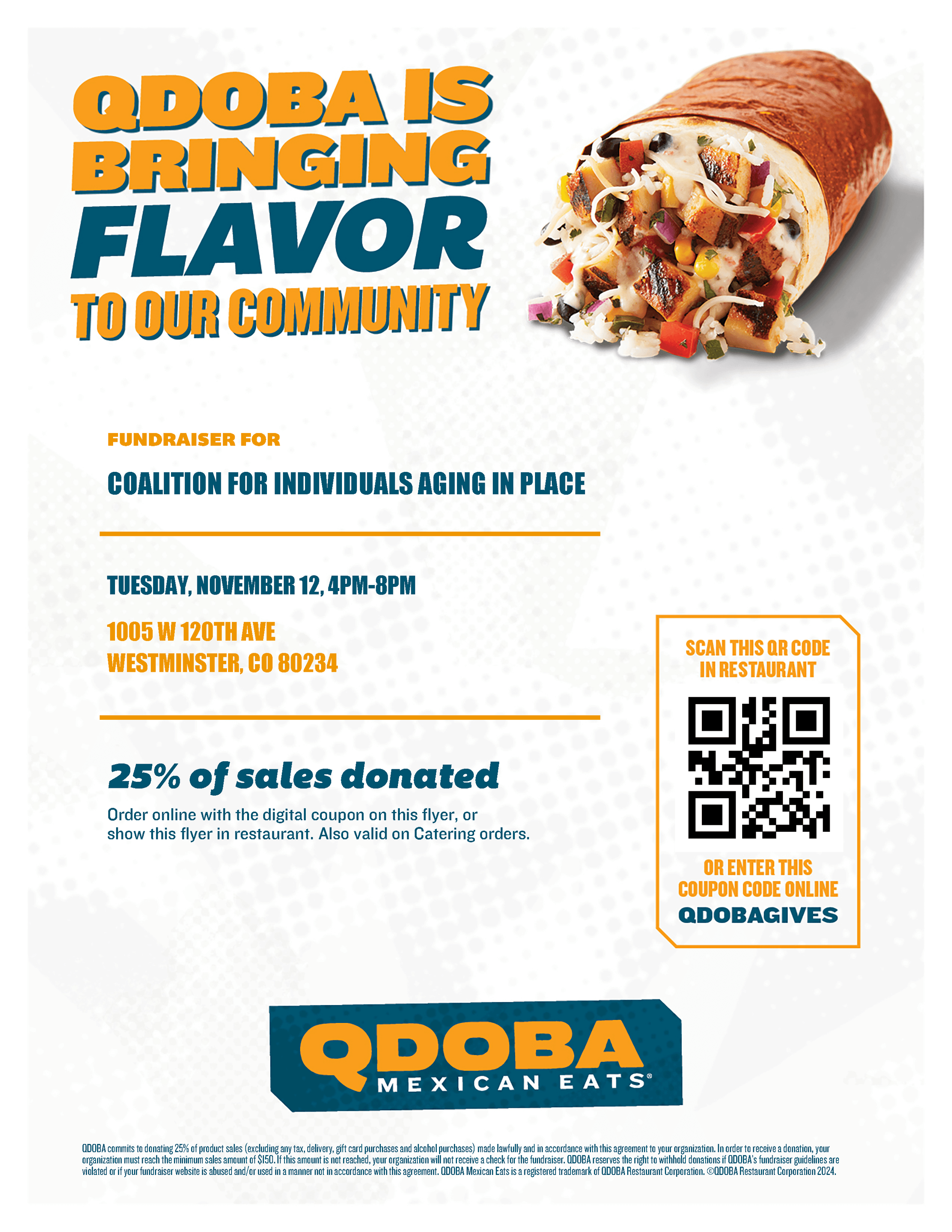 Qdoba fundraiser flyer for the Coalition for Individuals Aging in Place